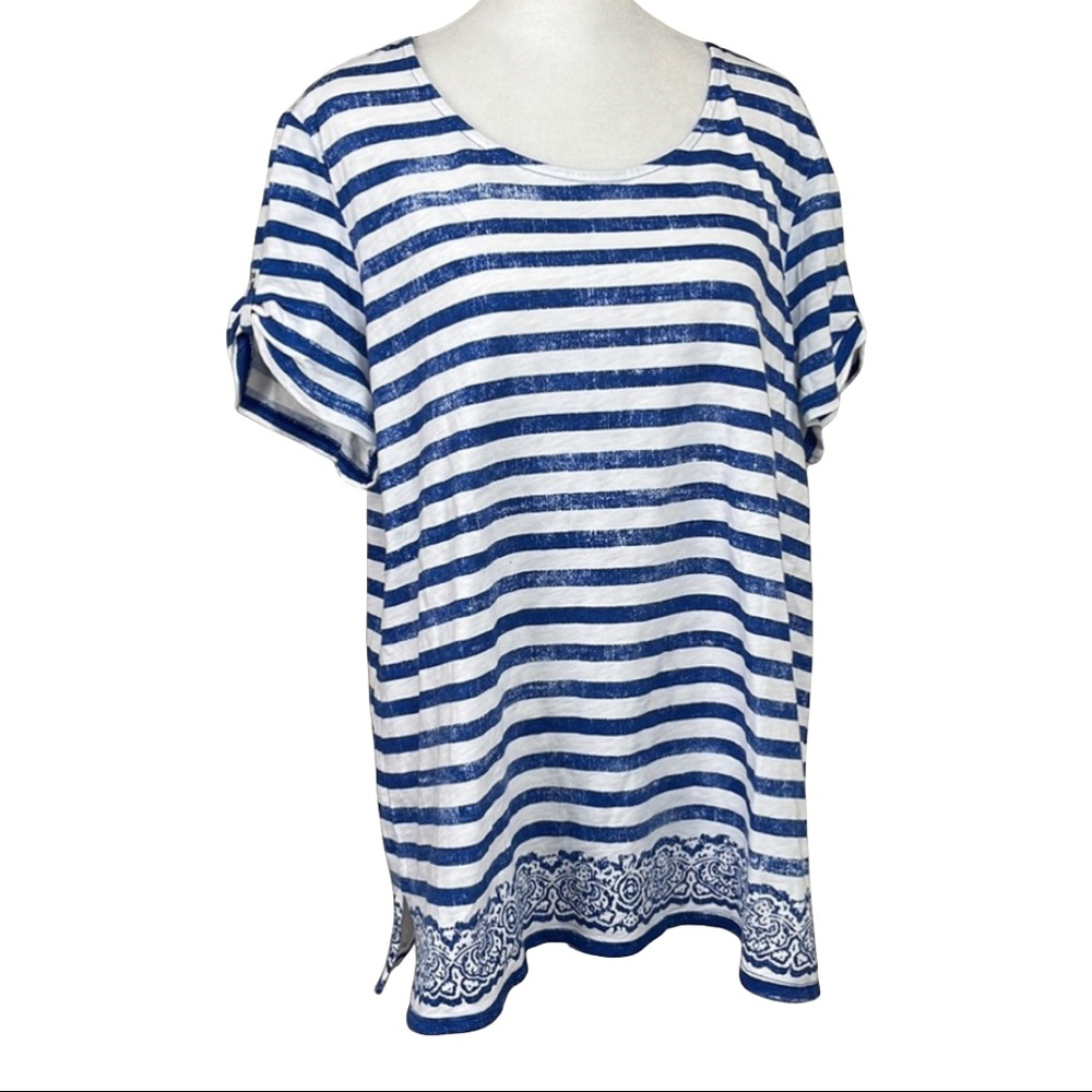 Chico’s Navy & White Striped T shirt w/  Boho Accent & Cute Button Sleeves sz 3